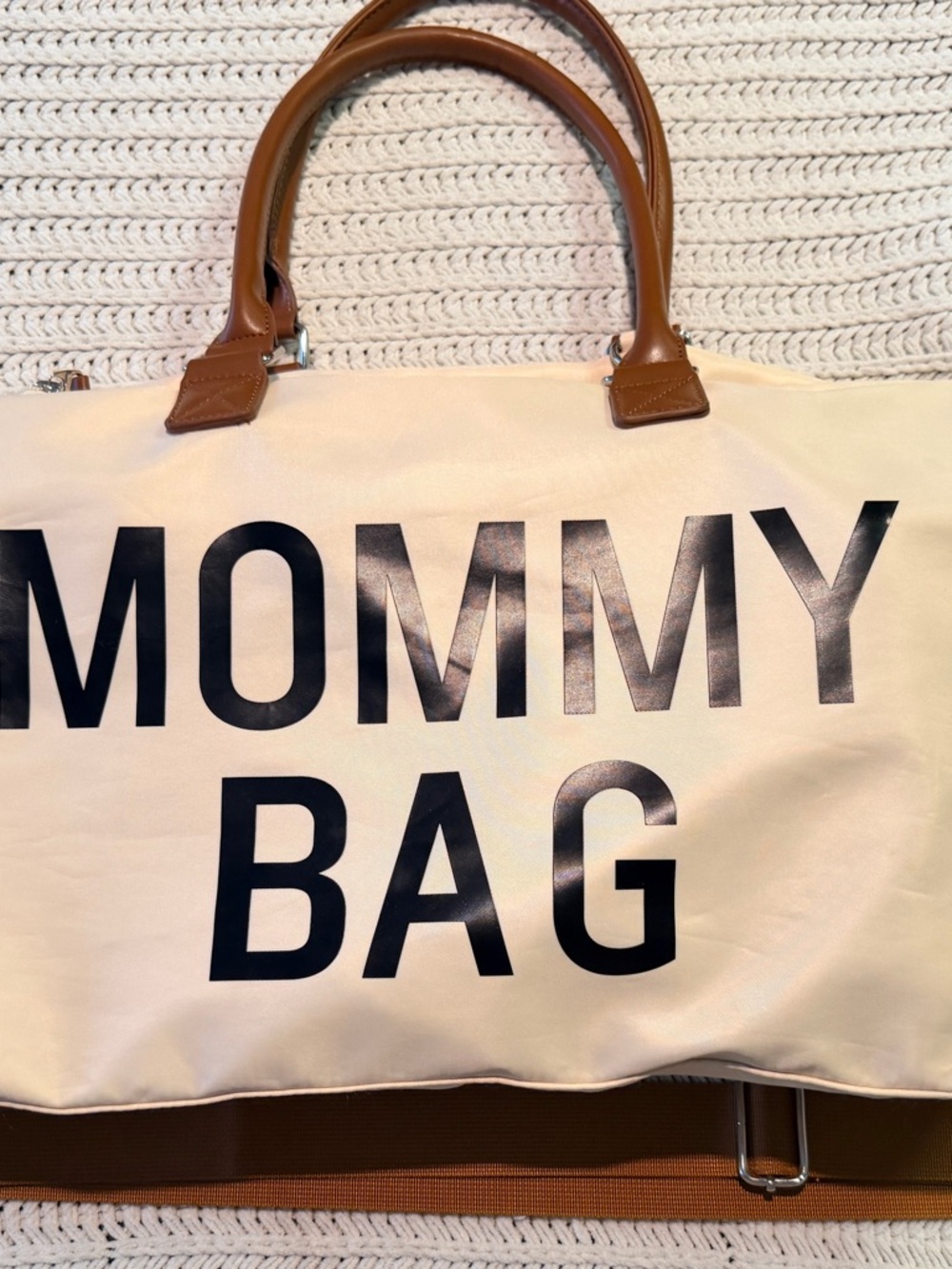 Mommy Bag Canvas weekender with Brown Handles and cross body strap